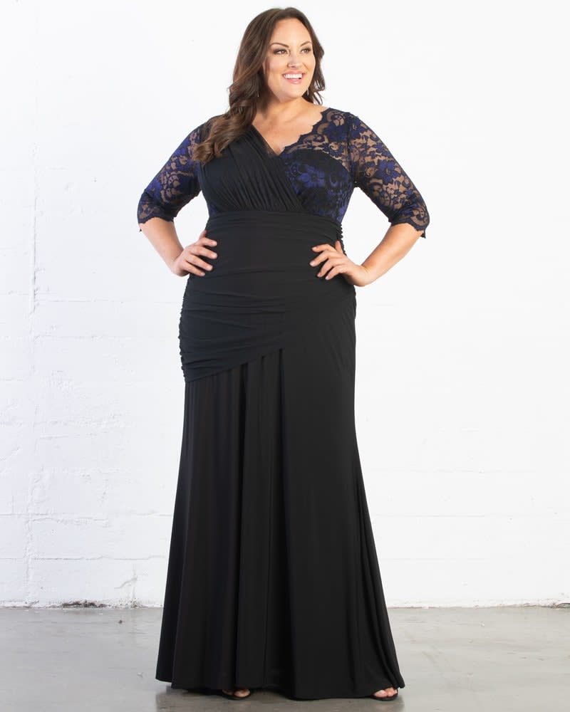 Front of a model wearing a size 0X Soiree Evening Gown in VIOLET NOIR by Kiyonna. | dia_product_style_image_id:287498